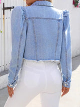 Distressed Puff Sleeve Wash Denim Jacket - Nordavory
