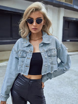 Distressed Raw Hem Cropped Denim Jacket - Nordavory