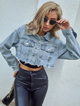 Distressed Raw Hem Cropped Denim Jacket - Nordavory