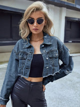 Distressed Raw Hem Cropped Denim Jacket - Nordavory