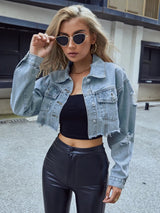 Distressed Raw Hem Cropped Denim Jacket - Nordavory