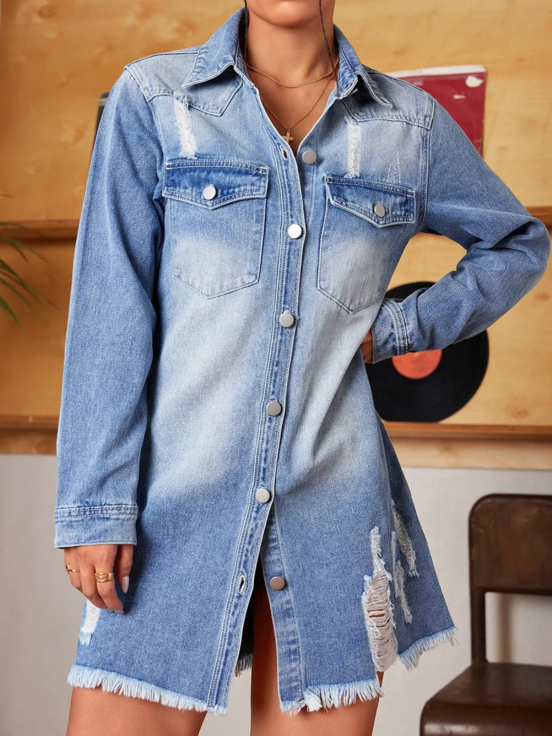 Distressed Raw Hem Denim Mini Dress - Nordavory