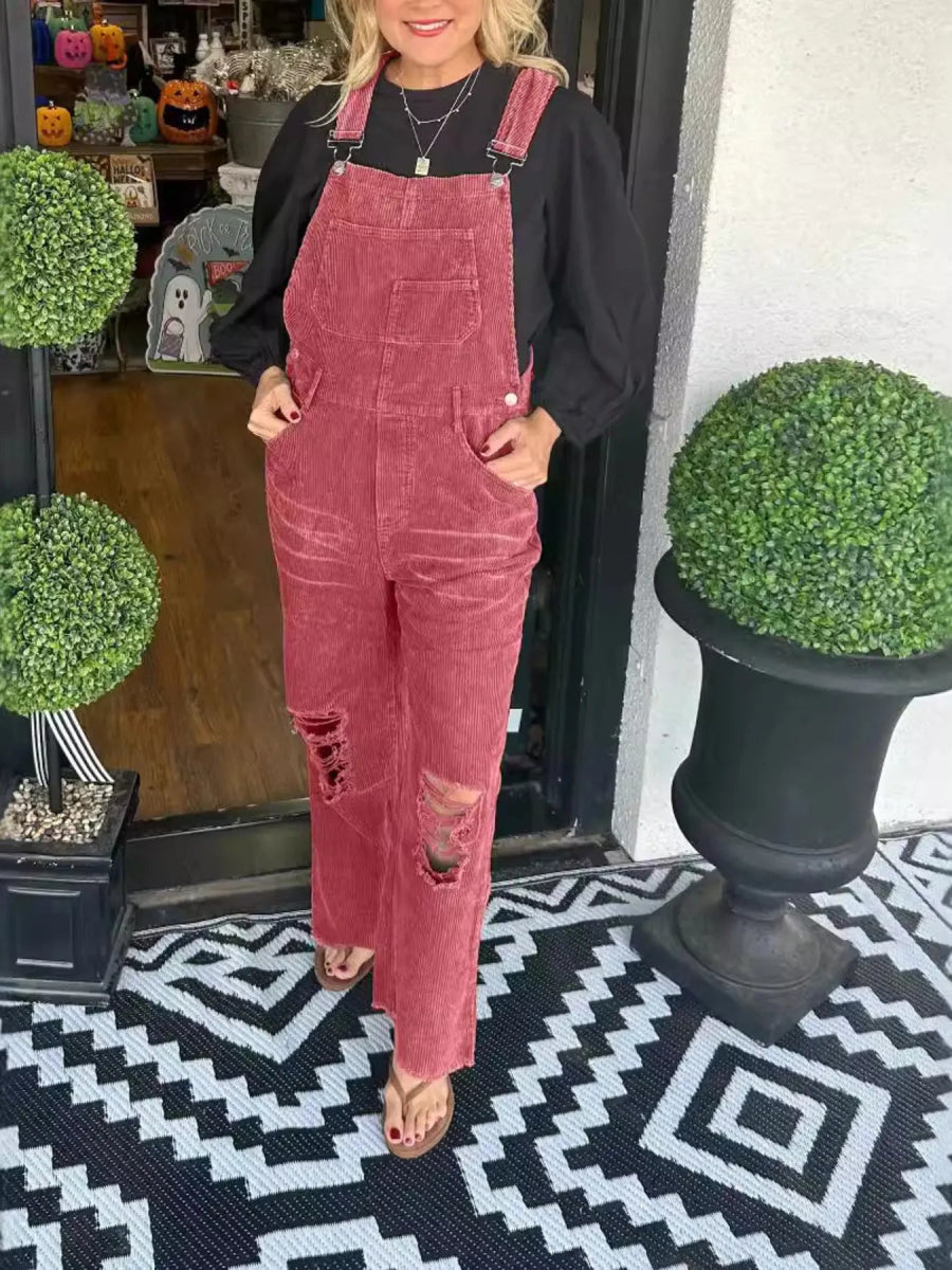 Distressed Wide Leg Corduroy Overalls-Nordavory
