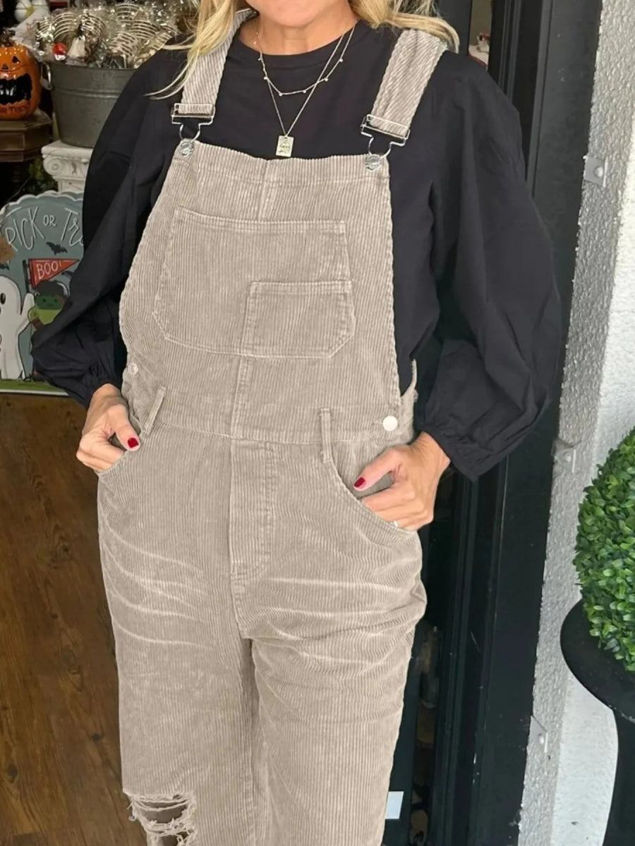 Distressed Wide Leg Corduroy Overalls-Nordavory