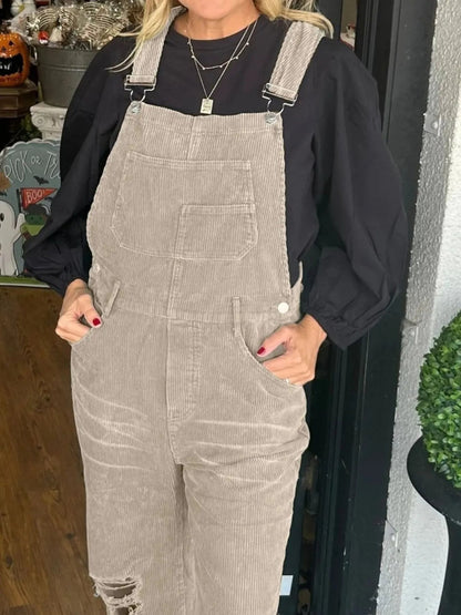 Distressed Wide Leg Corduroy Overalls-Nordavory
