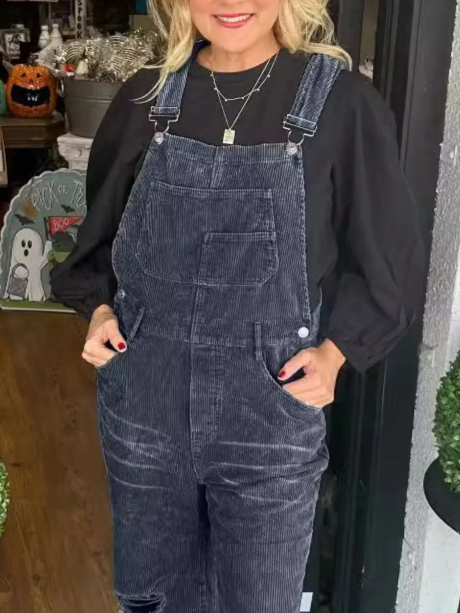 Distressed Wide Leg Corduroy Overalls-Nordavory