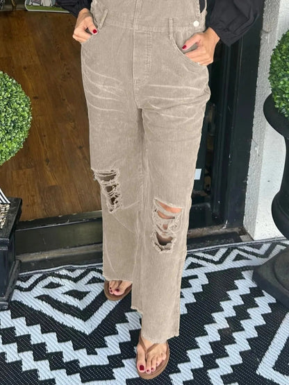 Distressed Wide Leg Corduroy Overalls-Nordavory