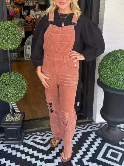 Distressed Wide Leg Corduroy Overalls-Nordavory