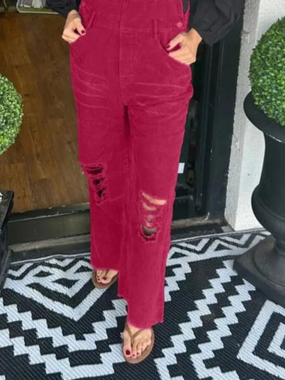 Distressed Wide Leg Corduroy Overalls-Nordavory