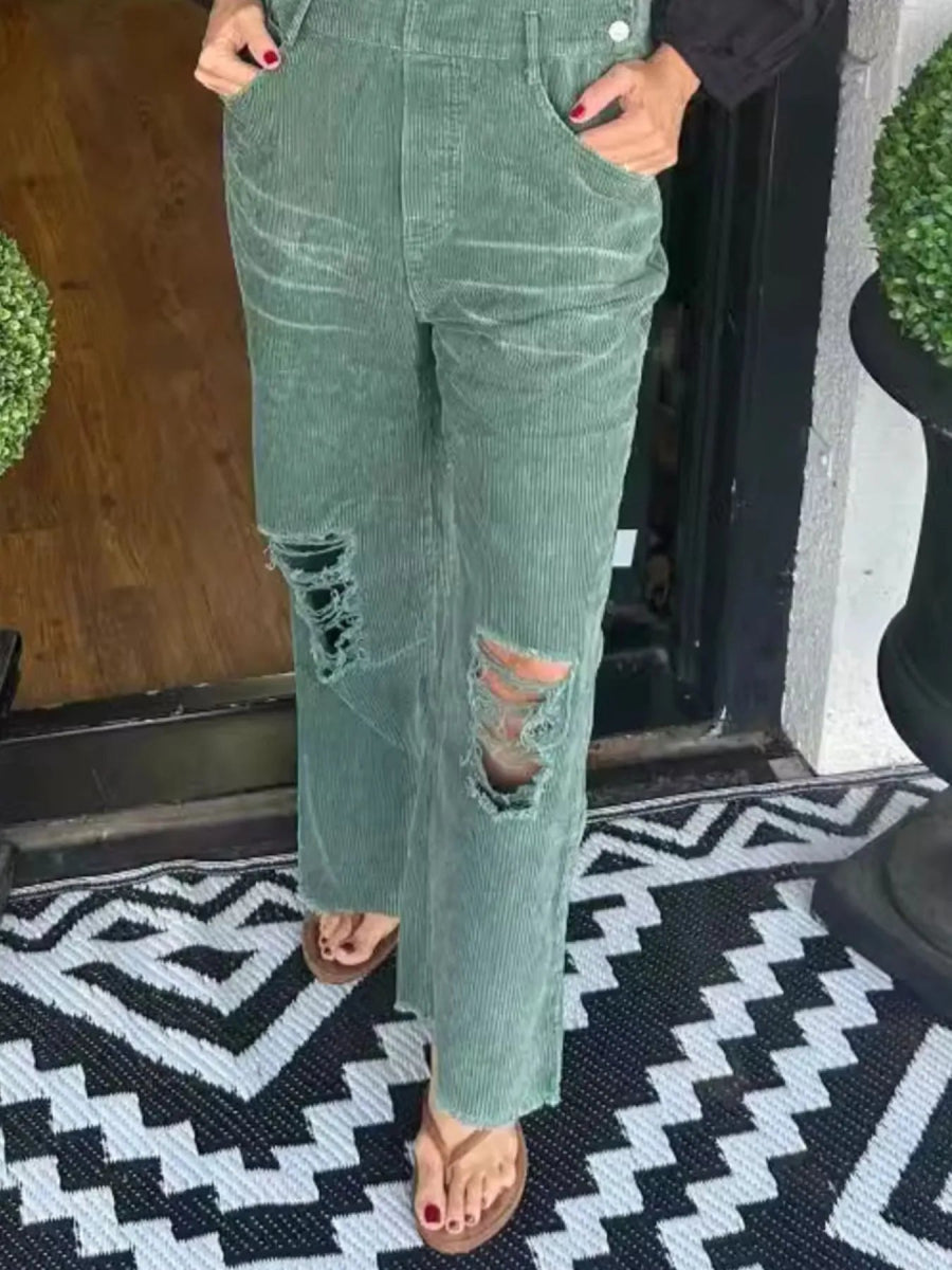 Distressed Wide Leg Corduroy Overalls-Nordavory