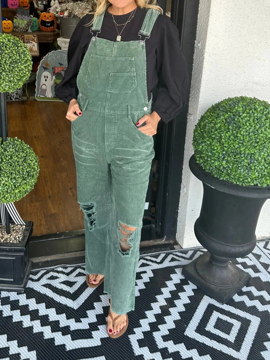 Distressed Wide Leg Corduroy Overalls-Nordavory
