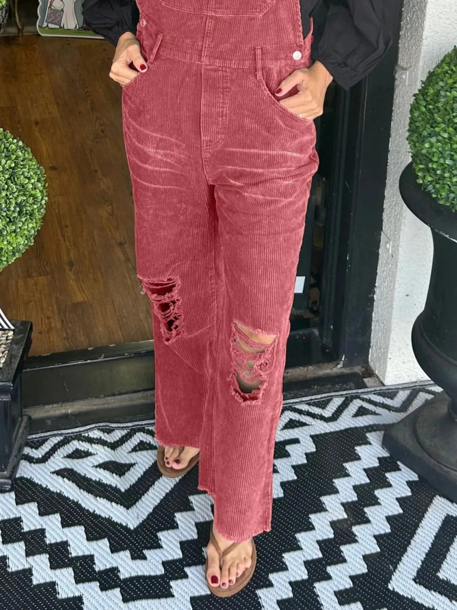 Distressed Wide Leg Corduroy Overalls-Nordavory