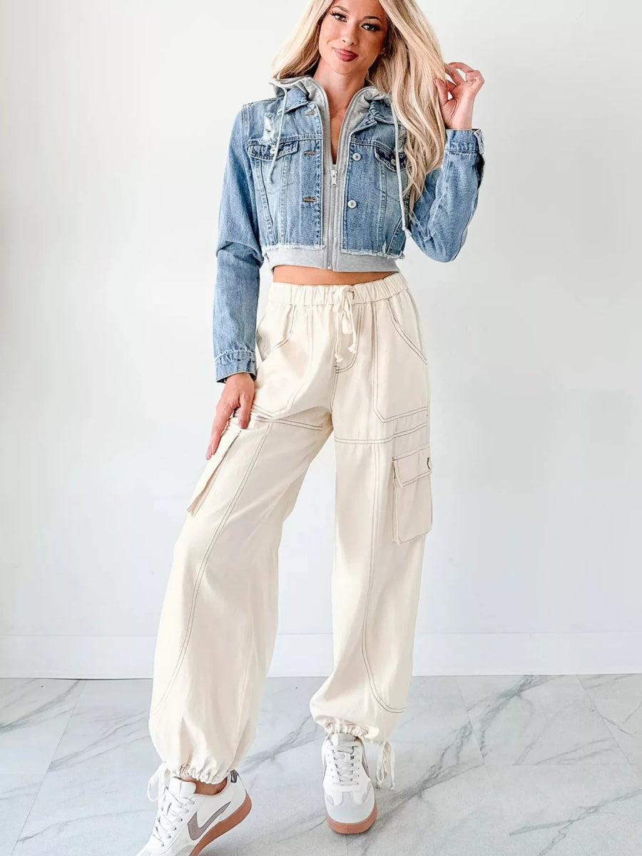 Distressed Zip Up Cropped Hooded Denim Jacket-Nordavory