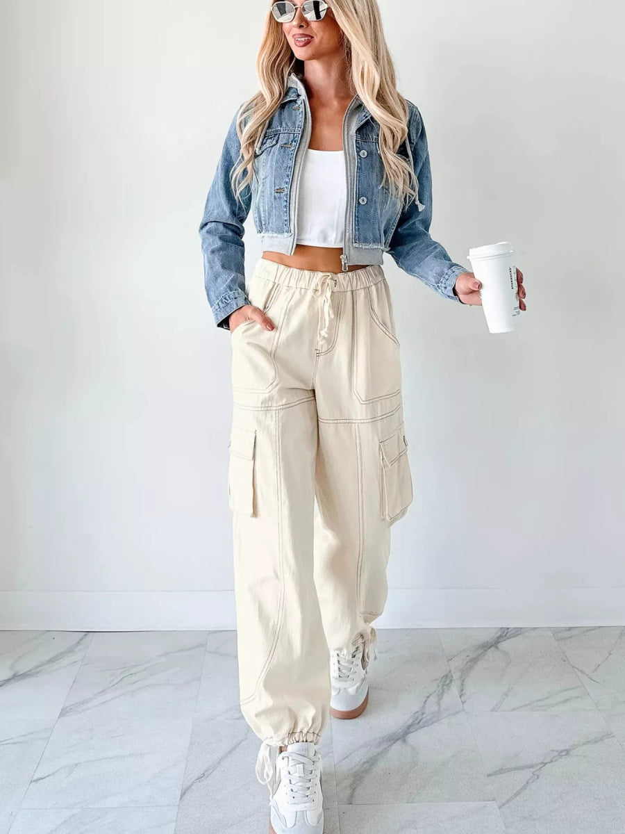 Distressed Zip Up Cropped Hooded Denim Jacket-Nordavory