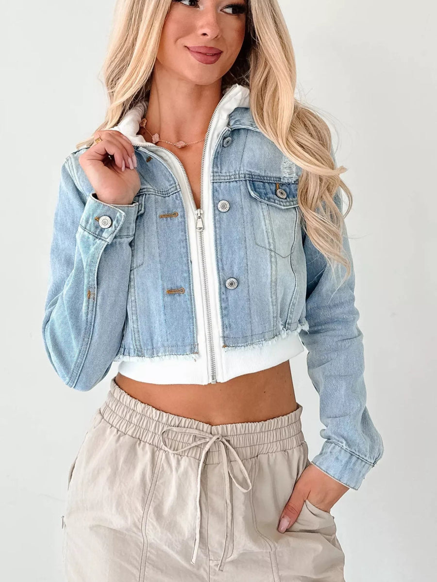 Distressed Zip Up Cropped Hooded Denim Jacket-Nordavory