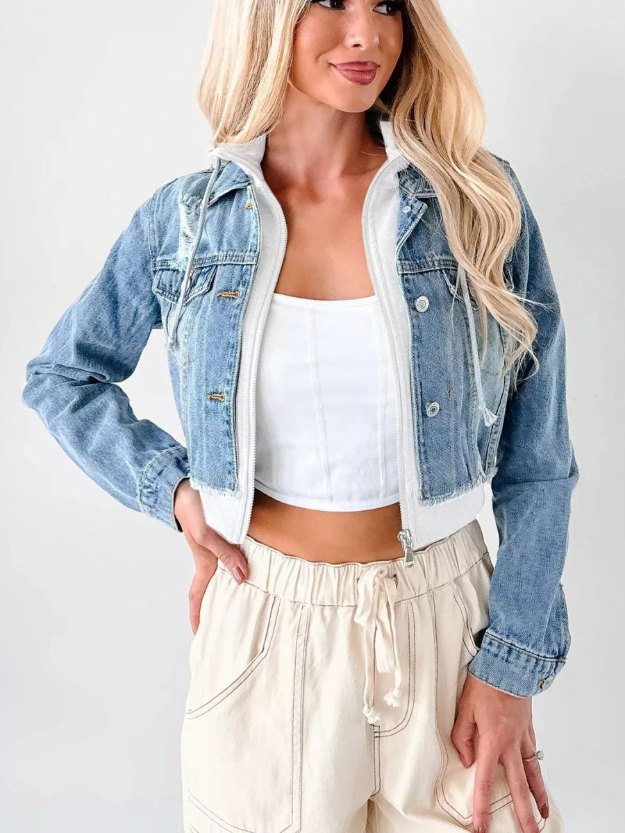 Distressed Zip Up Cropped Hooded Denim Jacket-Nordavory