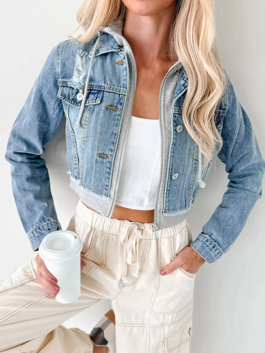Distressed Zip Up Cropped Hooded Denim Jacket-Nordavory