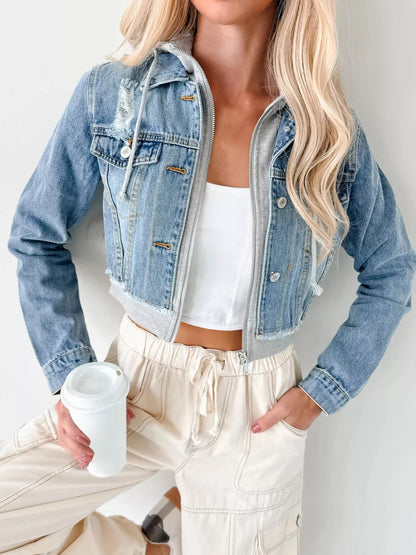 Distressed Zip Up Cropped Hooded Denim Jacket-Nordavory