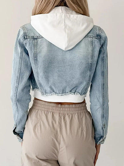 Distressed Zip Up Cropped Hooded Denim Jacket-Nordavory