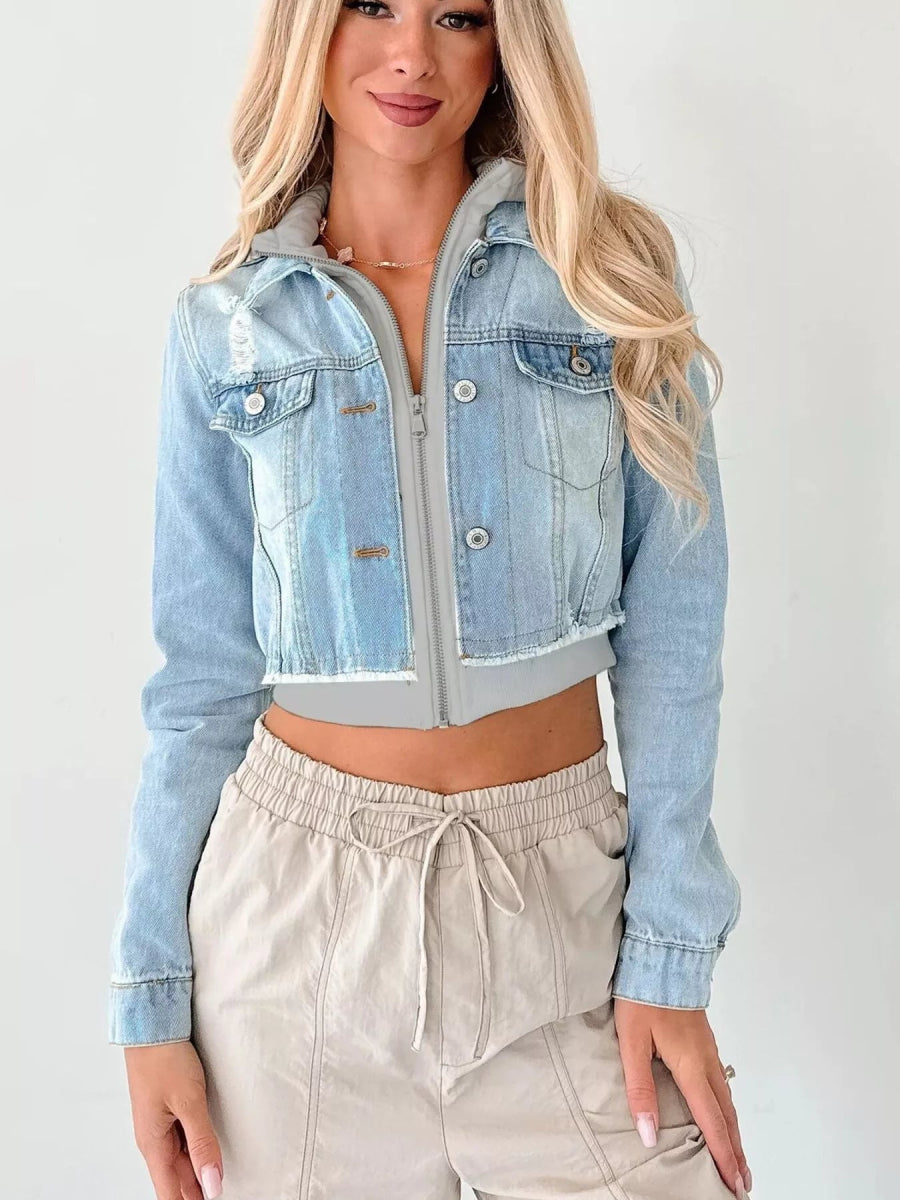 Distressed Zip Up Cropped Hooded Denim Jacket-Nordavory