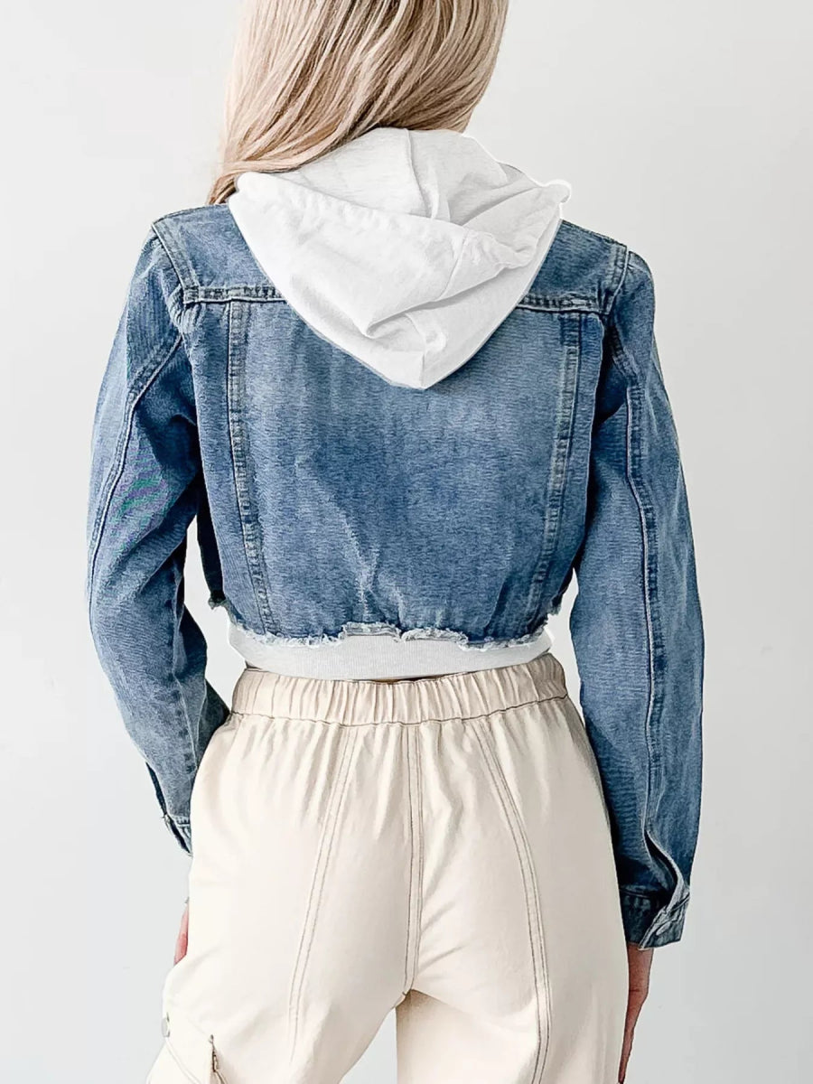 Distressed Zip Up Cropped Hooded Denim Jacket-Nordavory