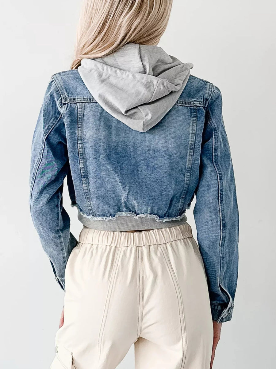 Distressed Zip Up Cropped Hooded Denim Jacket-Nordavory