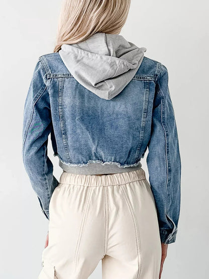 Distressed Zip Up Cropped Hooded Denim Jacket-Nordavory