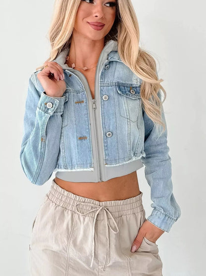 Distressed Zip Up Cropped Hooded Denim Jacket-Nordavory