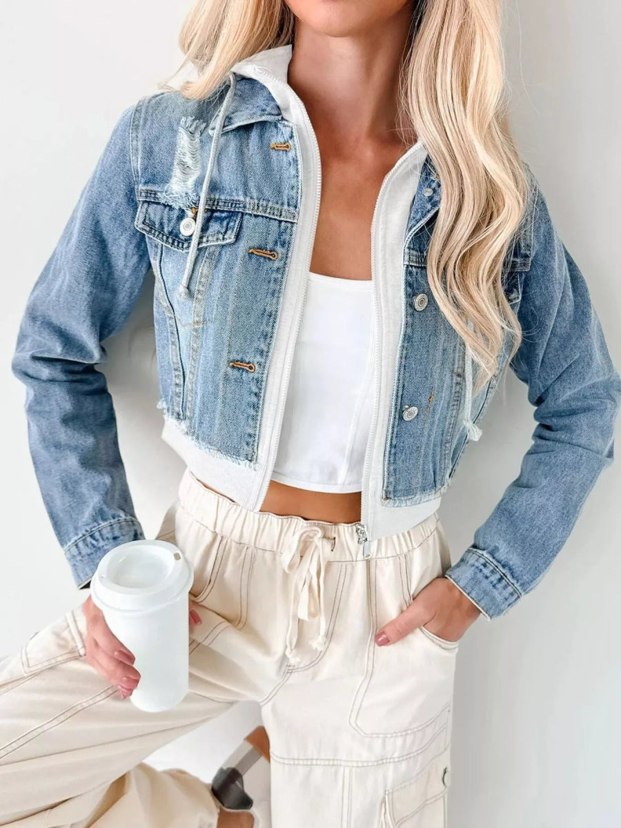 Distressed Zip Up Cropped Hooded Denim Jacket-Nordavory