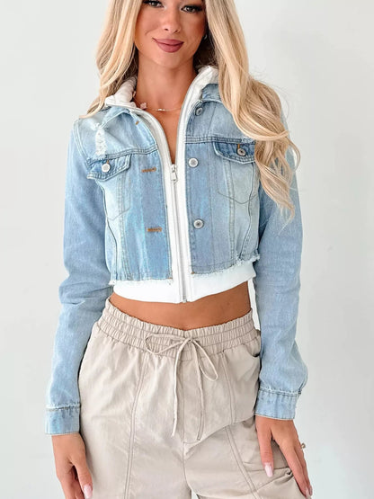 Distressed Zip Up Cropped Hooded Denim Jacket-Nordavory