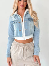 Distressed Zip Up Cropped Hooded Denim Jacket - Nordavory