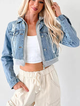 Distressed Zip Up Cropped Hooded Denim Jacket - Nordavory