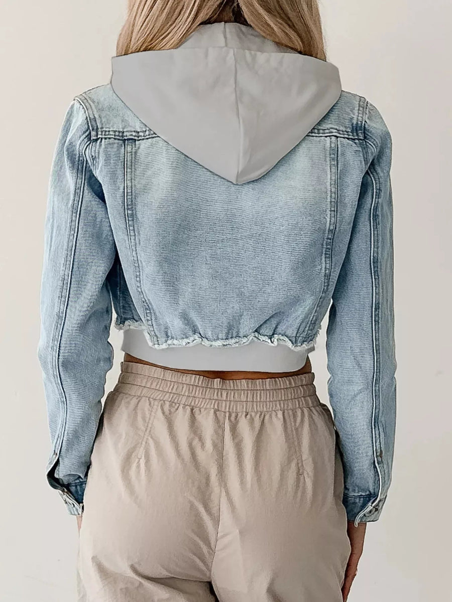 Distressed Zip Up Cropped Hooded Denim Jacket-Nordavory