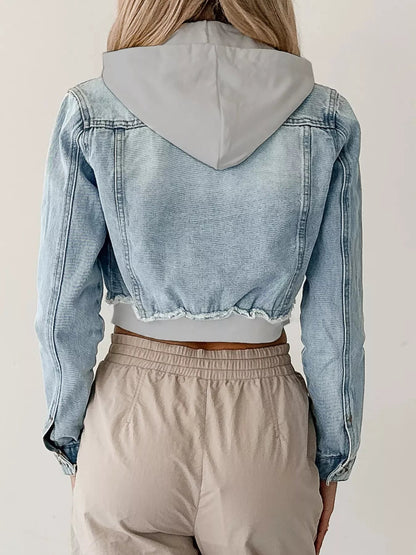 Distressed Zip Up Cropped Hooded Denim Jacket-Nordavory