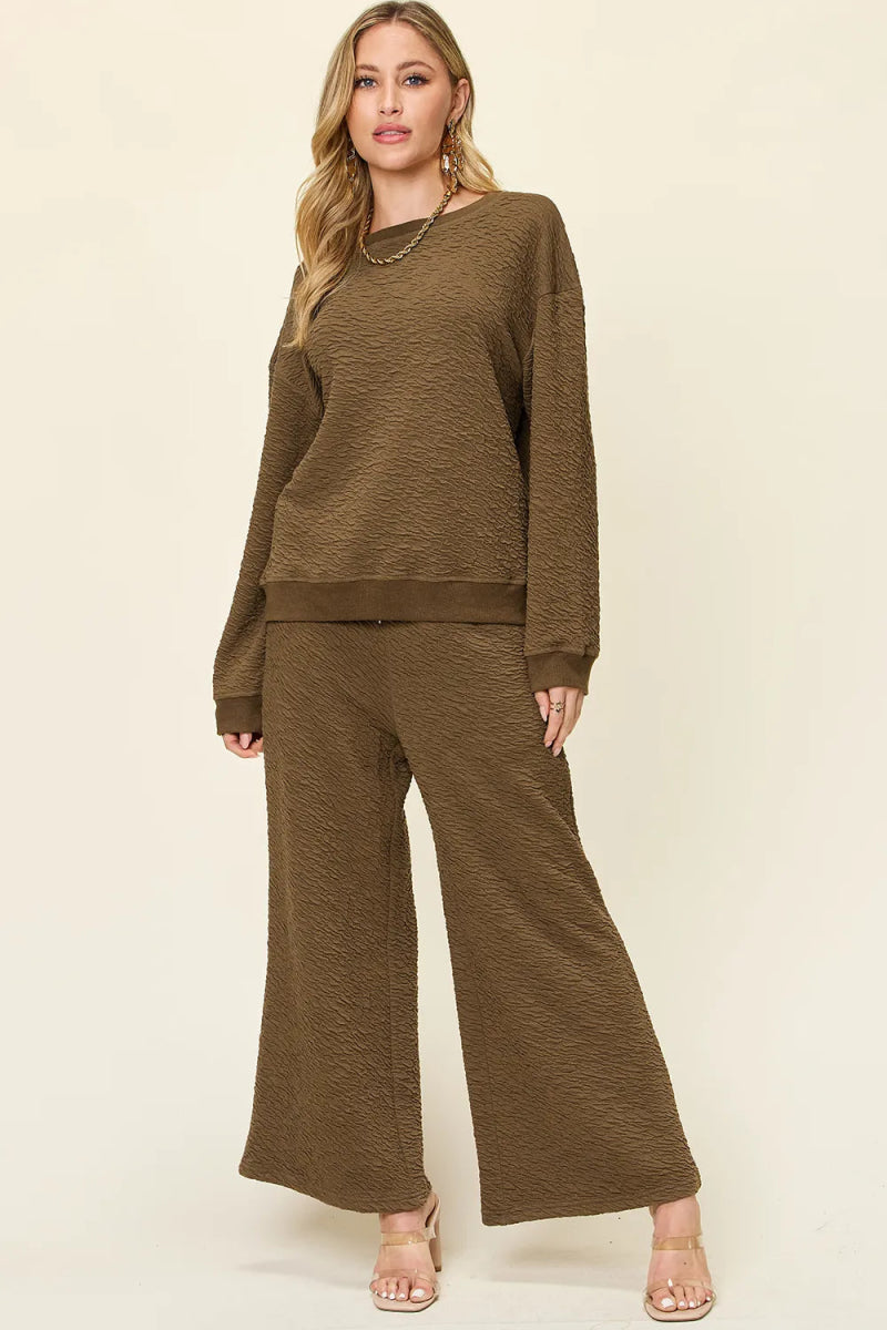 Double Take Full Size Texture Long Sleeve Top and Pants Set-Nordavory