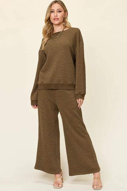 Double Take Full Size Texture Long Sleeve Top and Pants Set-Nordavory
