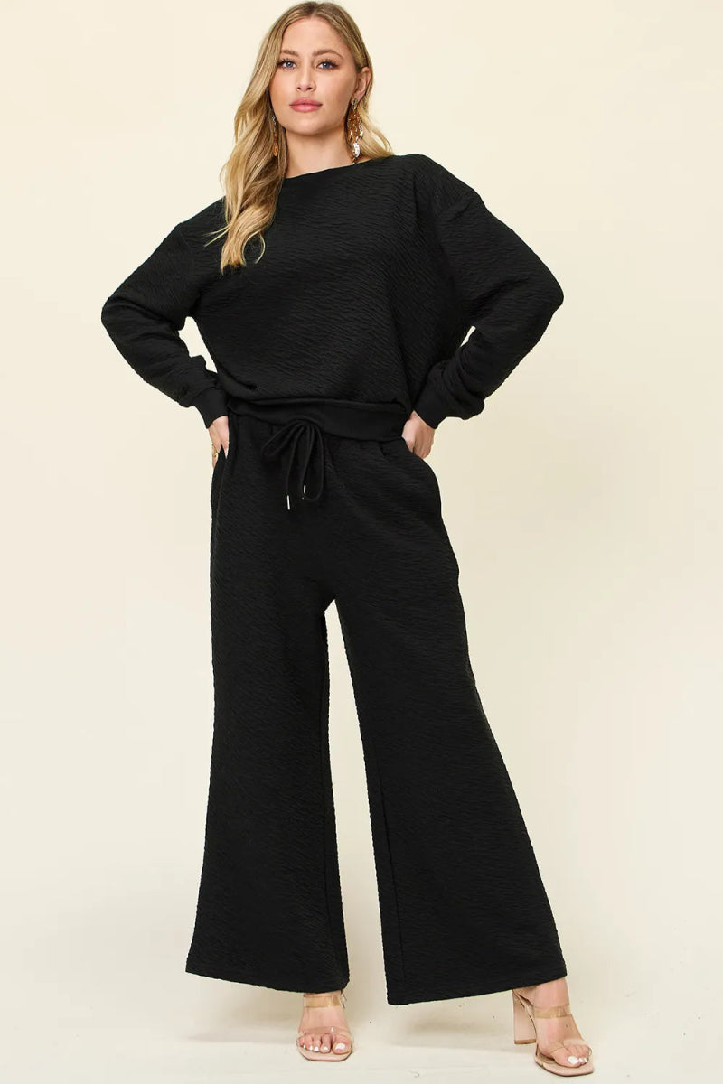 Double Take Full Size Texture Long Sleeve Top and Pants Set-Nordavory