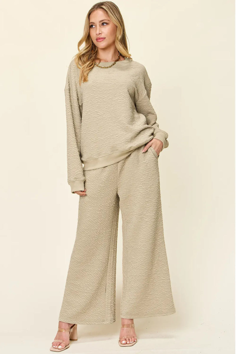 Double Take Full Size Texture Long Sleeve Top and Pants Set-Nordavory