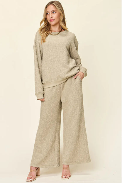 Double Take Full Size Texture Long Sleeve Top and Pants Set-Nordavory