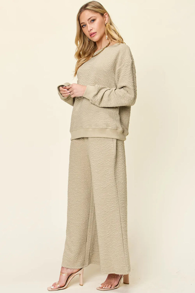 Double Take Full Size Texture Long Sleeve Top and Pants Set-Nordavory