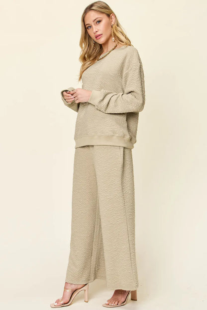 Double Take Full Size Texture Long Sleeve Top and Pants Set-Nordavory