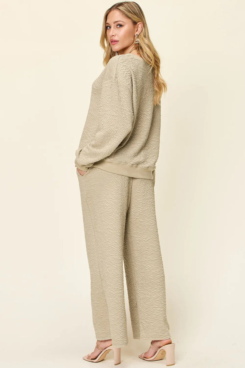 Double Take Full Size Texture Long Sleeve Top and Pants Set-Nordavory