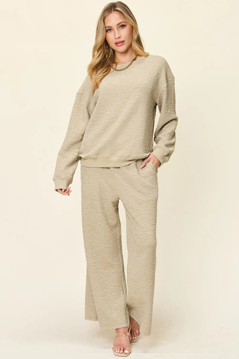 Double Take Full Size Texture Long Sleeve Top and Pants Set-Nordavory