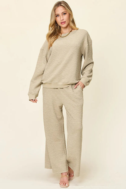 Double Take Full Size Texture Long Sleeve Top and Pants Set-Nordavory