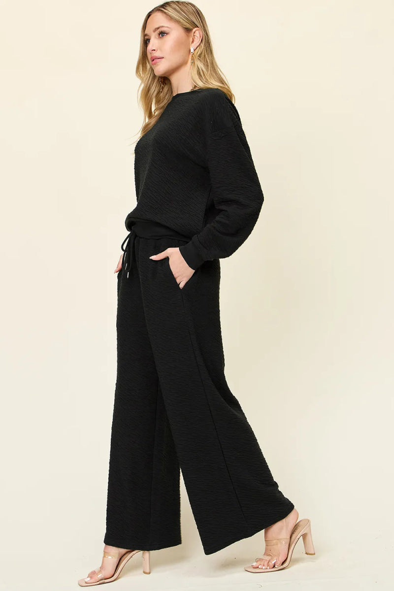 Double Take Full Size Texture Long Sleeve Top and Pants Set-Nordavory