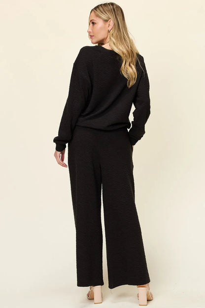 Double Take Full Size Texture Long Sleeve Top and Pants Set-Nordavory