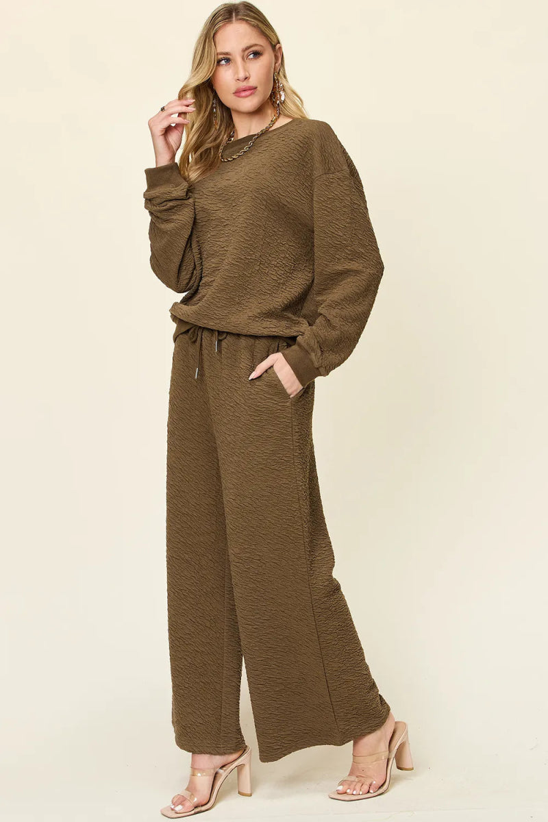 Double Take Full Size Texture Long Sleeve Top and Pants Set-Nordavory