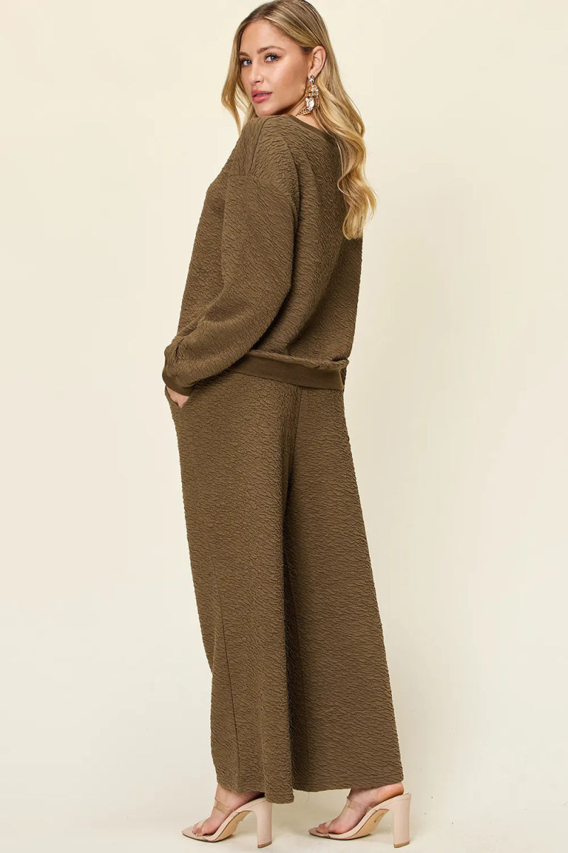 Double Take Full Size Texture Long Sleeve Top and Pants Set-Nordavory