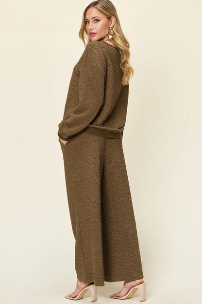 Double Take Full Size Texture Long Sleeve Top and Pants Set-Nordavory