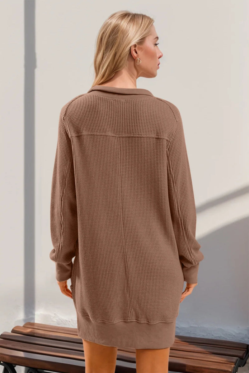 Double Take Waffle Long Sleeve Mini Dress with Pockets-Nordavory